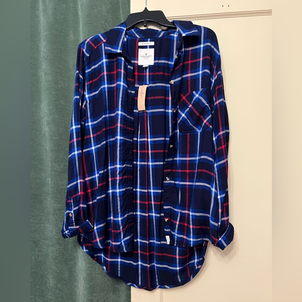American Eagle Outfitters Navy Plaid Button-Up Shirt with Blue and Red Stripes